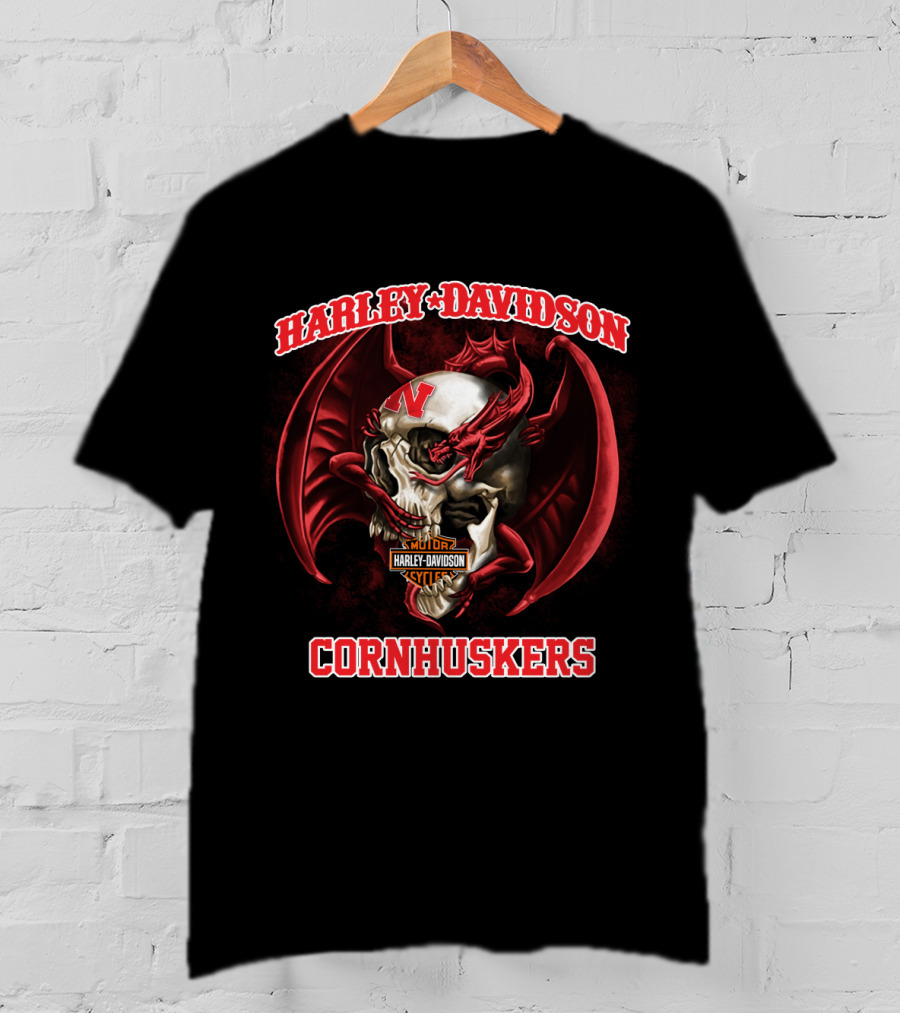Harley Davidson Cornhuskers Skull With Red Dragon Wings T-Shirt