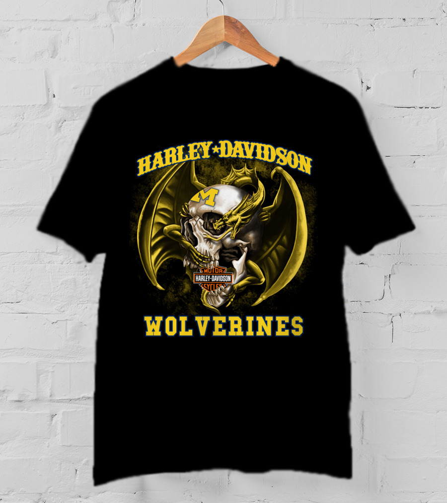 Harley Davidson Michigan Wolverines Skull With Dragon And Motor Cycles T-Shirt