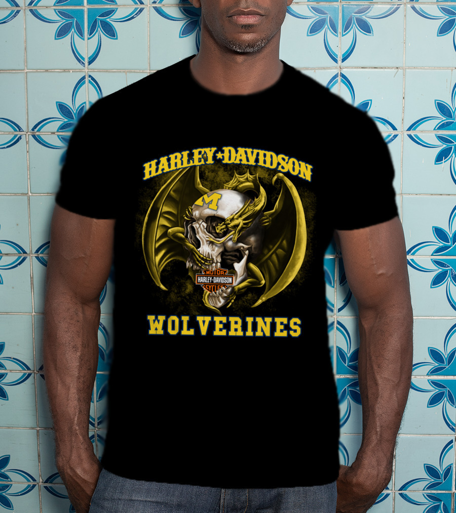 Harley Davidson Michigan Wolverines Skull With Dragon And Motor Cycles T-Shirt