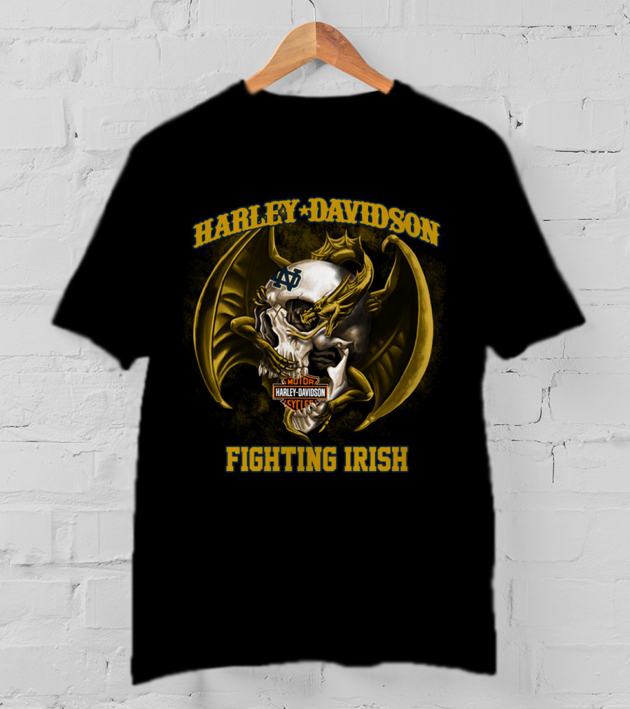 Harley Davidson Notre Dame Fighting Irish Skull And Wings T-Shirt