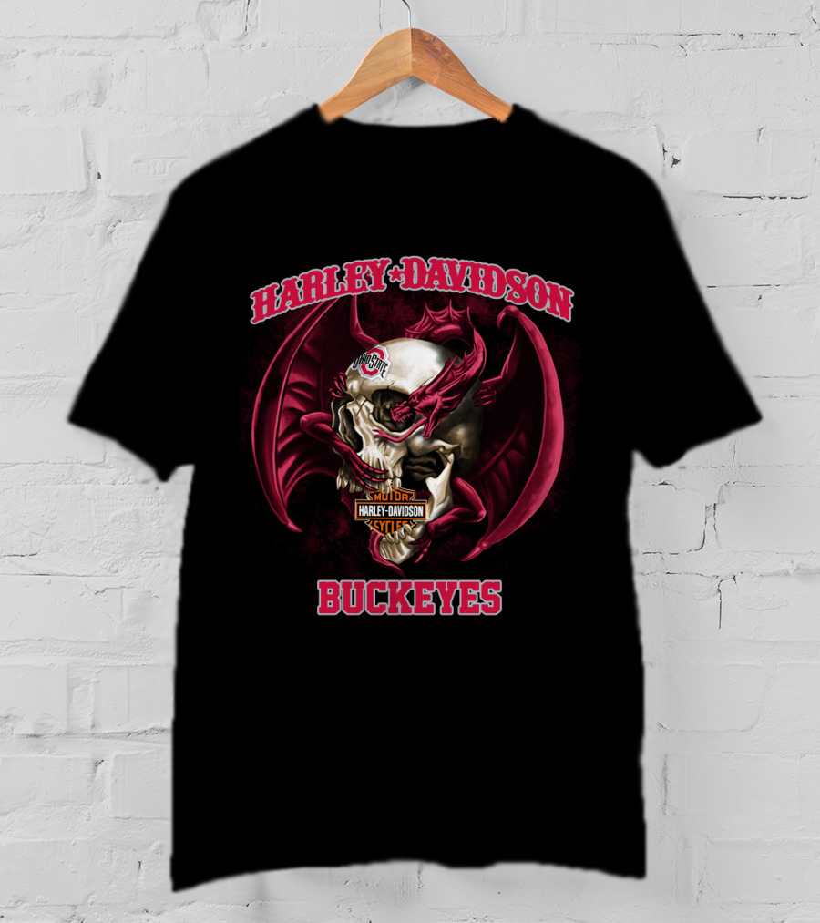 Harley Davidson Ohio State Buckeyes Skull And Wings T-Shirt
