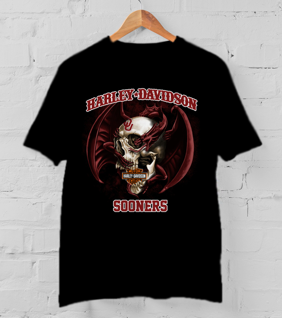 Harley Davidson Sooners Skull With Wings And Oklahoma T-Shirt
