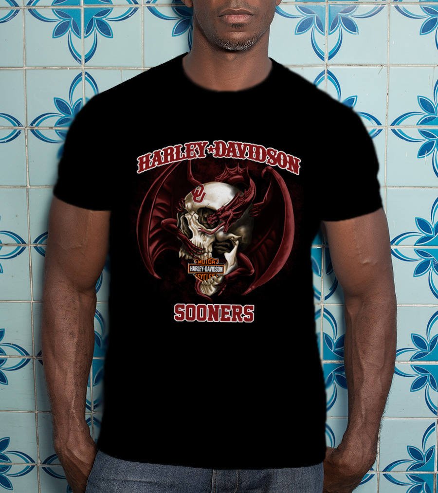 Harley Davidson Sooners Skull With Wings And Oklahoma T-Shirt