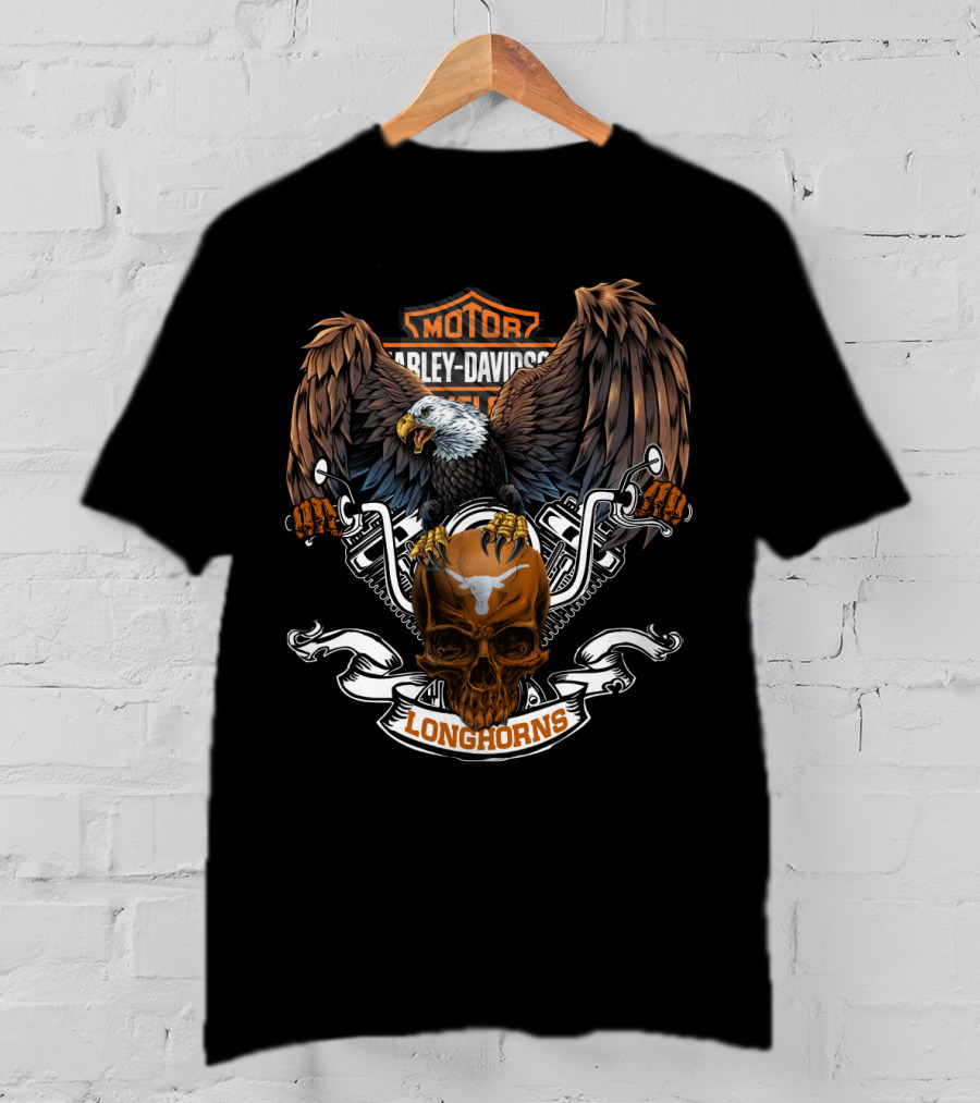 Motor Harley Davidson Cycles Texas Longhorns Eagle Skull T-Shirt