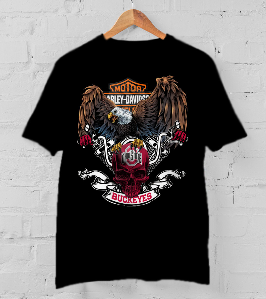 Hd Ncaa Ohio State Buckeyes Harley Davidson Eagle Skull T-Shirt