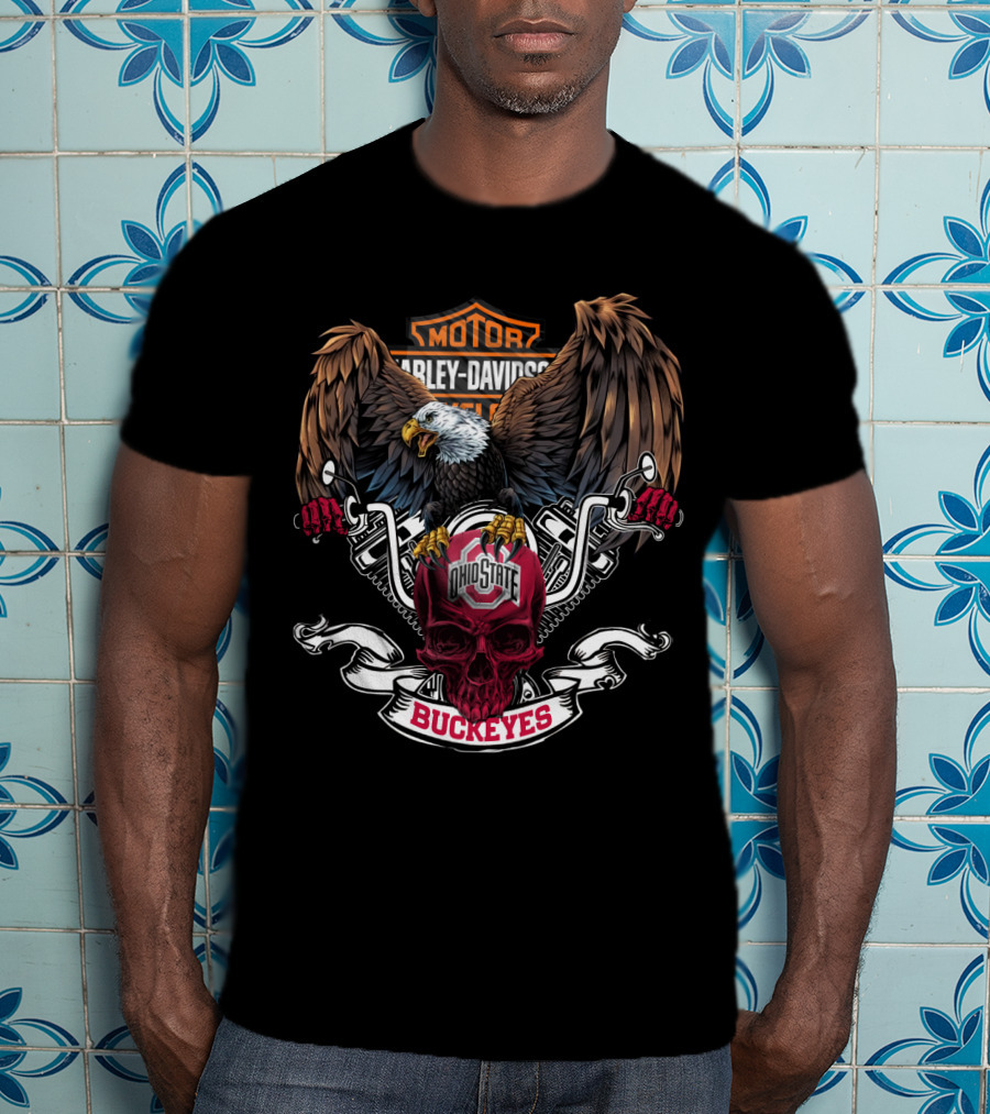Hd Ncaa Ohio State Buckeyes Harley Davidson Eagle Skull T-Shirt