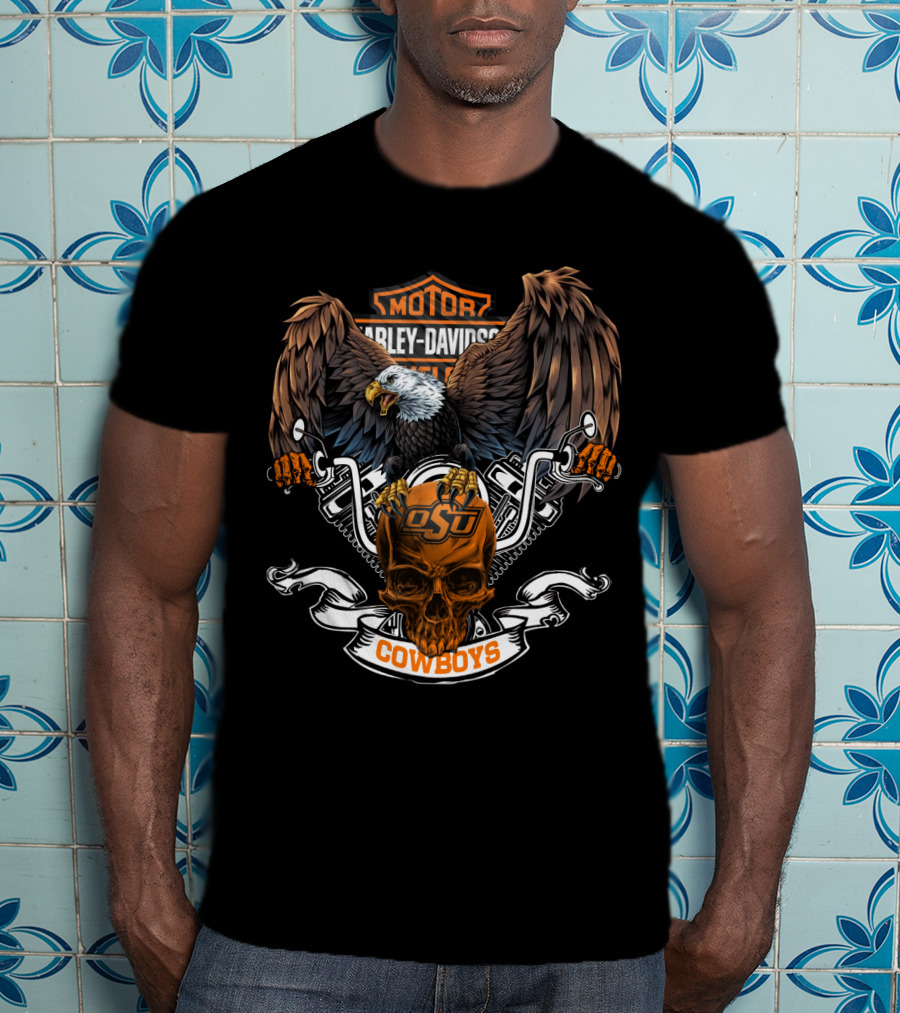Motor Harley Davidson O-State Cowboys Eagle Skull T-Shirt