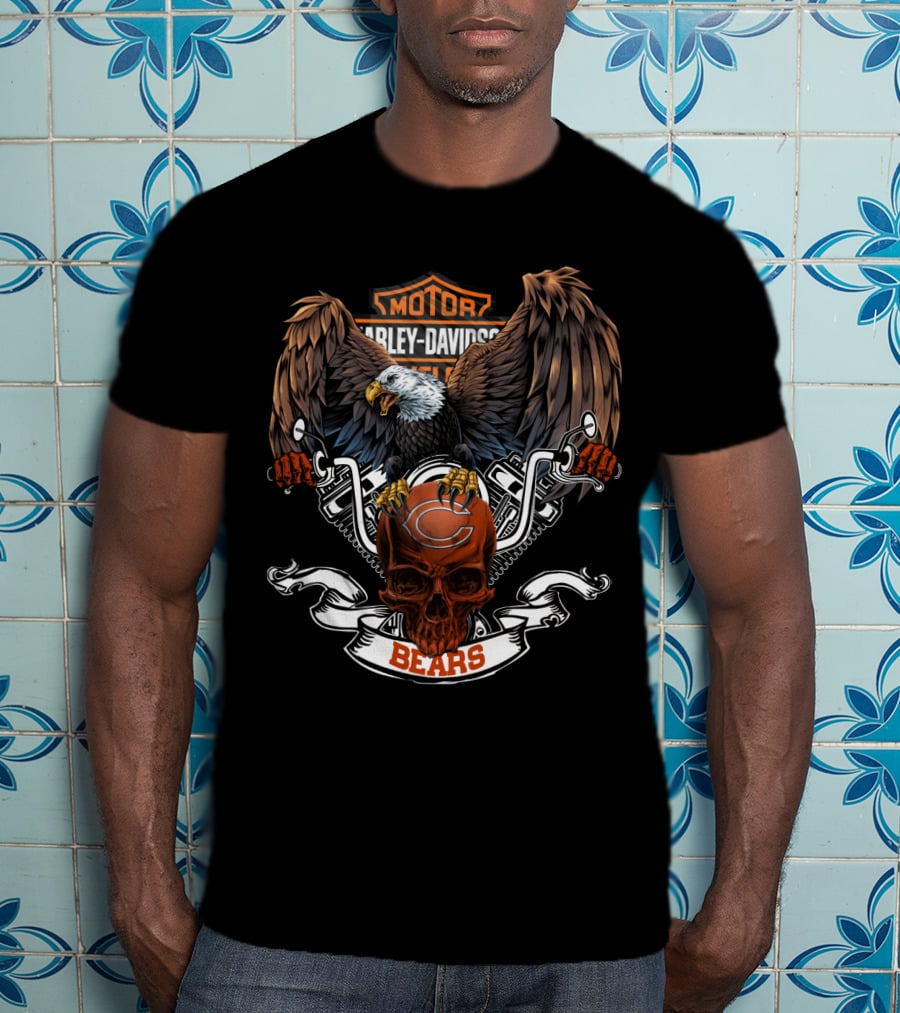 Hd Nfl Chicago Bears Harley Davidson Motif With Eagle And Skull T-Shirt