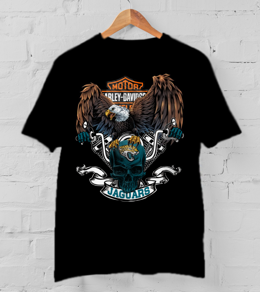 Harley Davidson Motorcycles Bald Eagle And Skull With Nfl Jacksonville Jaguars T-Shirt