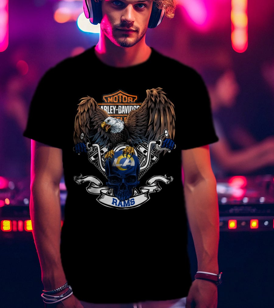 Harley Davidson Motorcycles Eagle With Los Angeles Rams Skull T-Shirt
