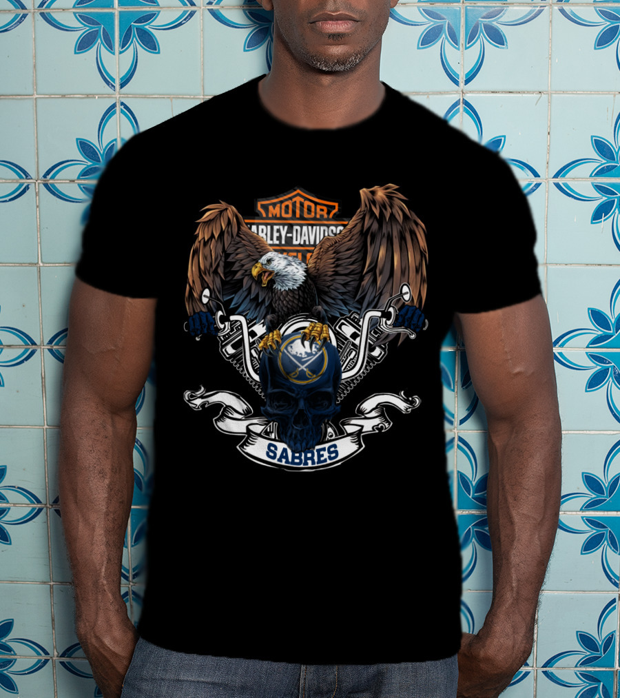 Harley Davidson Motor Eagle Skull Nhl Buffalo Sabres T-Shirt