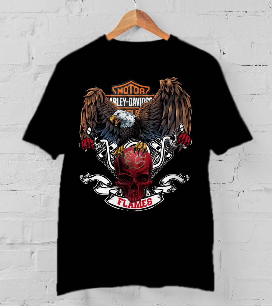 Motor Harley Davidson Cycles Nhl Calgary Flames Bald Eagle Red Skull T-Shirt