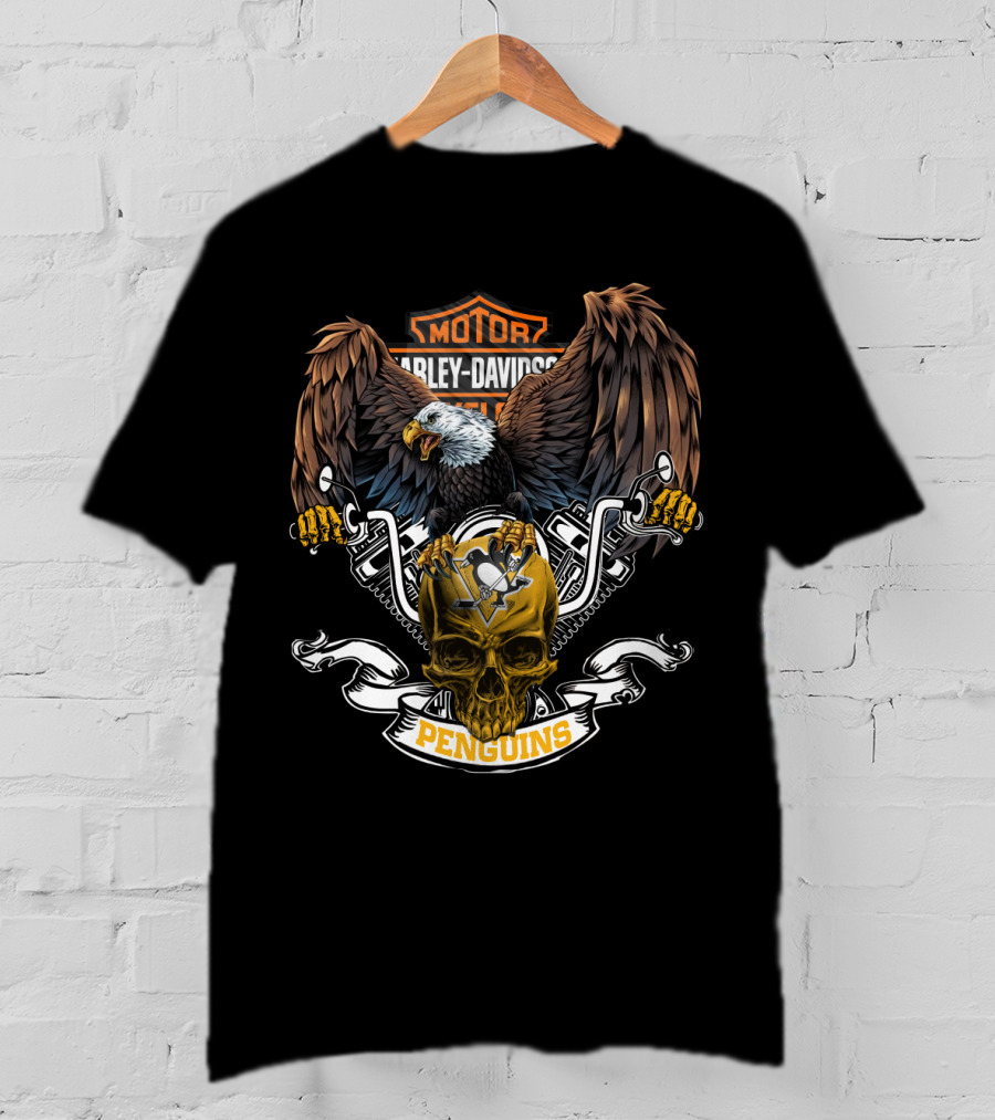 Harley Davidson Pittsburgh Penguins Eagle Skull Nhl 87 T-Shirt