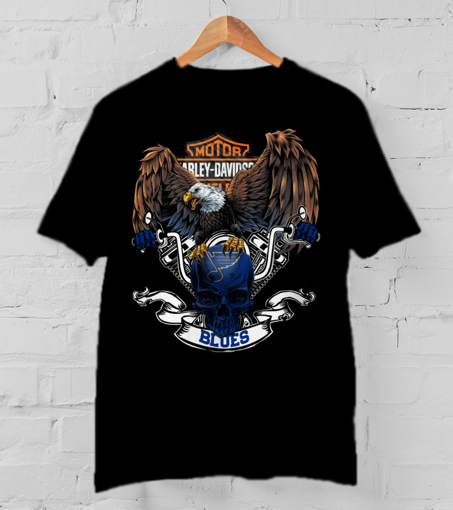 Harley Davidson Nhl St. Louis Blues Eagle Skull Motorcycle T-Shirt