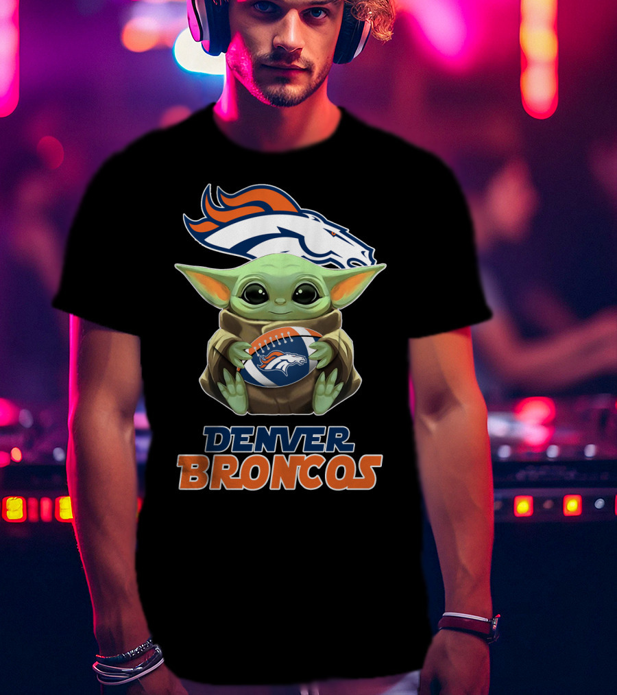 Denver Broncos Grogu Holding Football T-Shirt