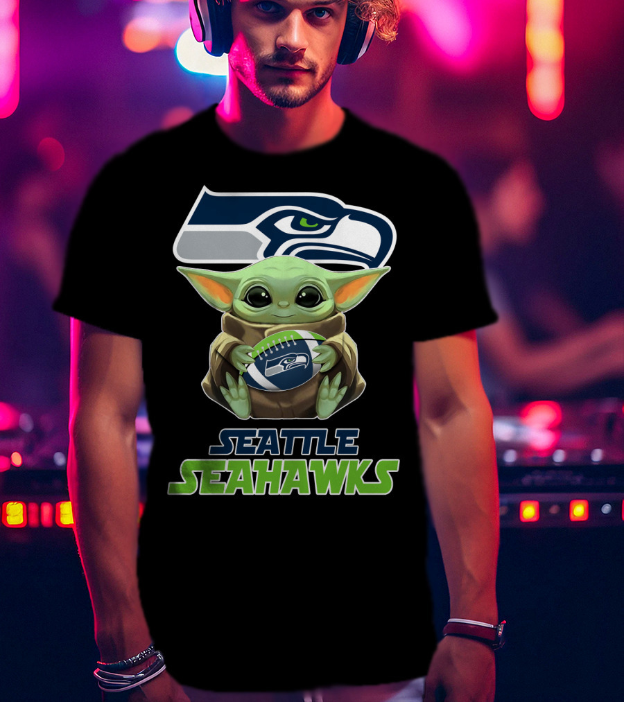 Seattle Seahawks Baby Yoda Holding Football Fan T-Shirt