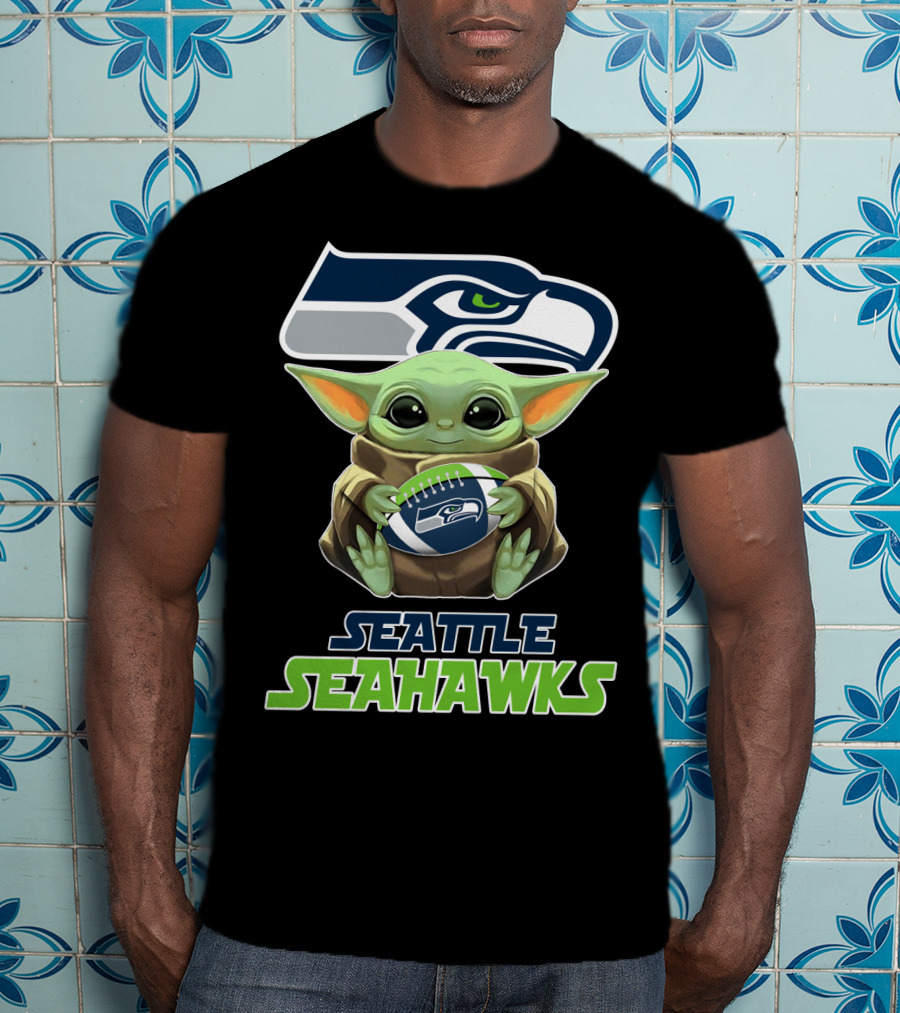 Seattle Seahawks Baby Yoda Holding Football Fan T-Shirt