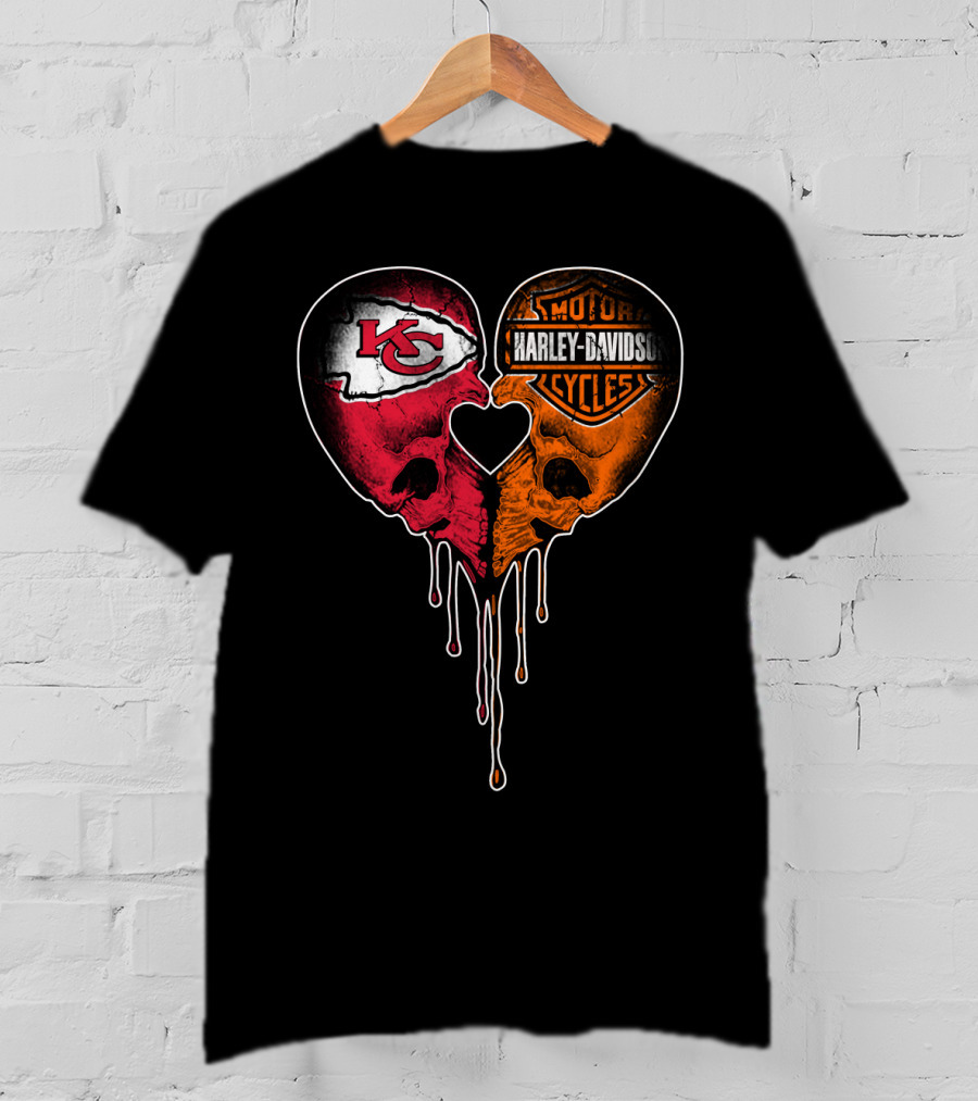Kansas City Chiefs Harley Davidson Heart Skulls Fan T-Shirt