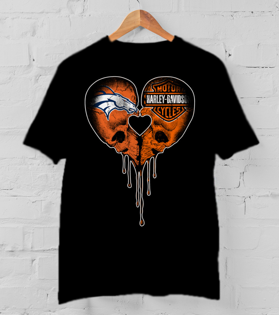 Denver Broncos Harley Davidson Dripping Skull Heart T-Shirt