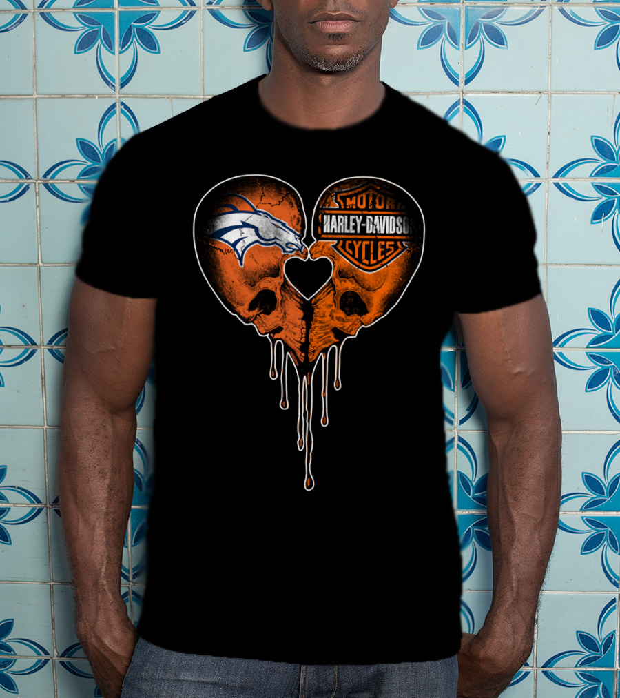 Denver Broncos Harley Davidson Dripping Skull Heart T-Shirt