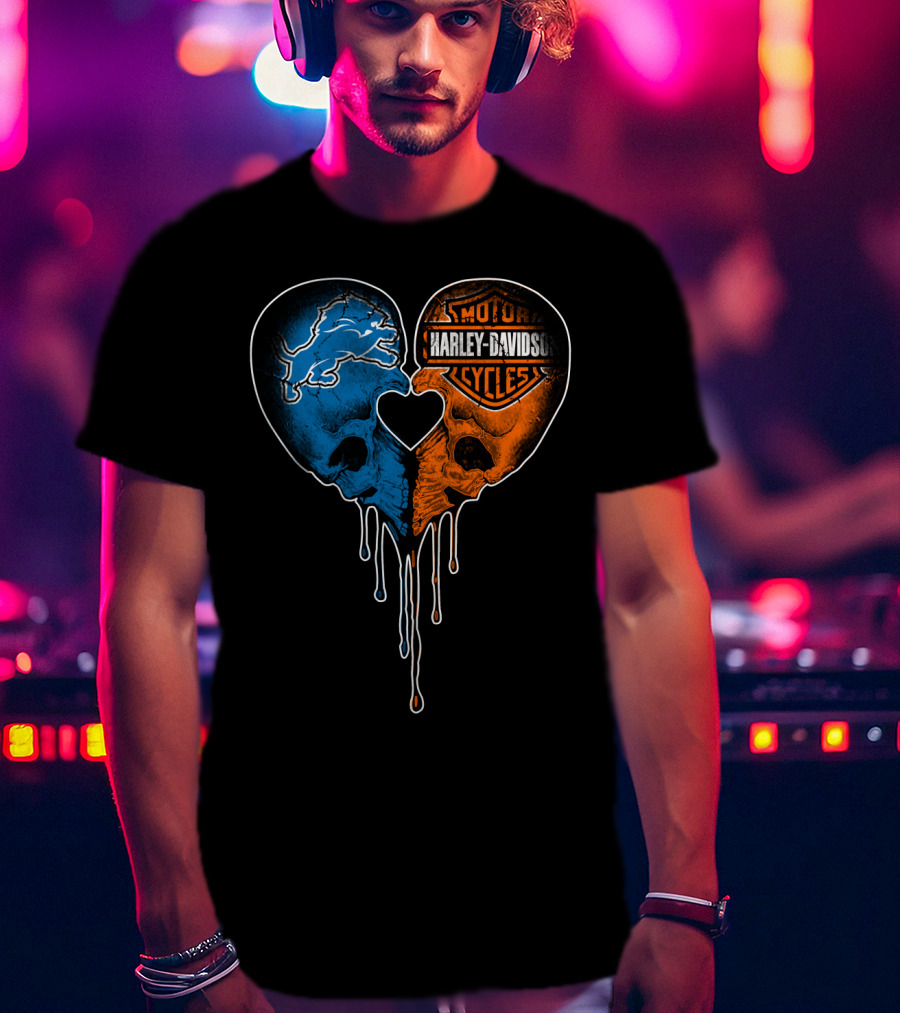 Detroit Lions And Harley Davidson Skulls Heart Fusion T-Shirt