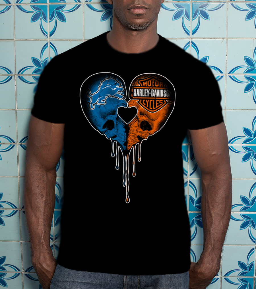 Detroit Lions And Harley Davidson Skulls Heart Fusion T-Shirt