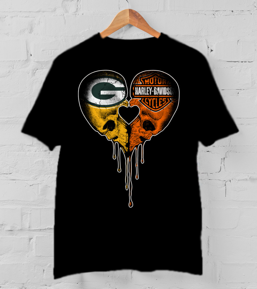 Green Bay Packers Harley Davidson Heart Skulls T-Shirt