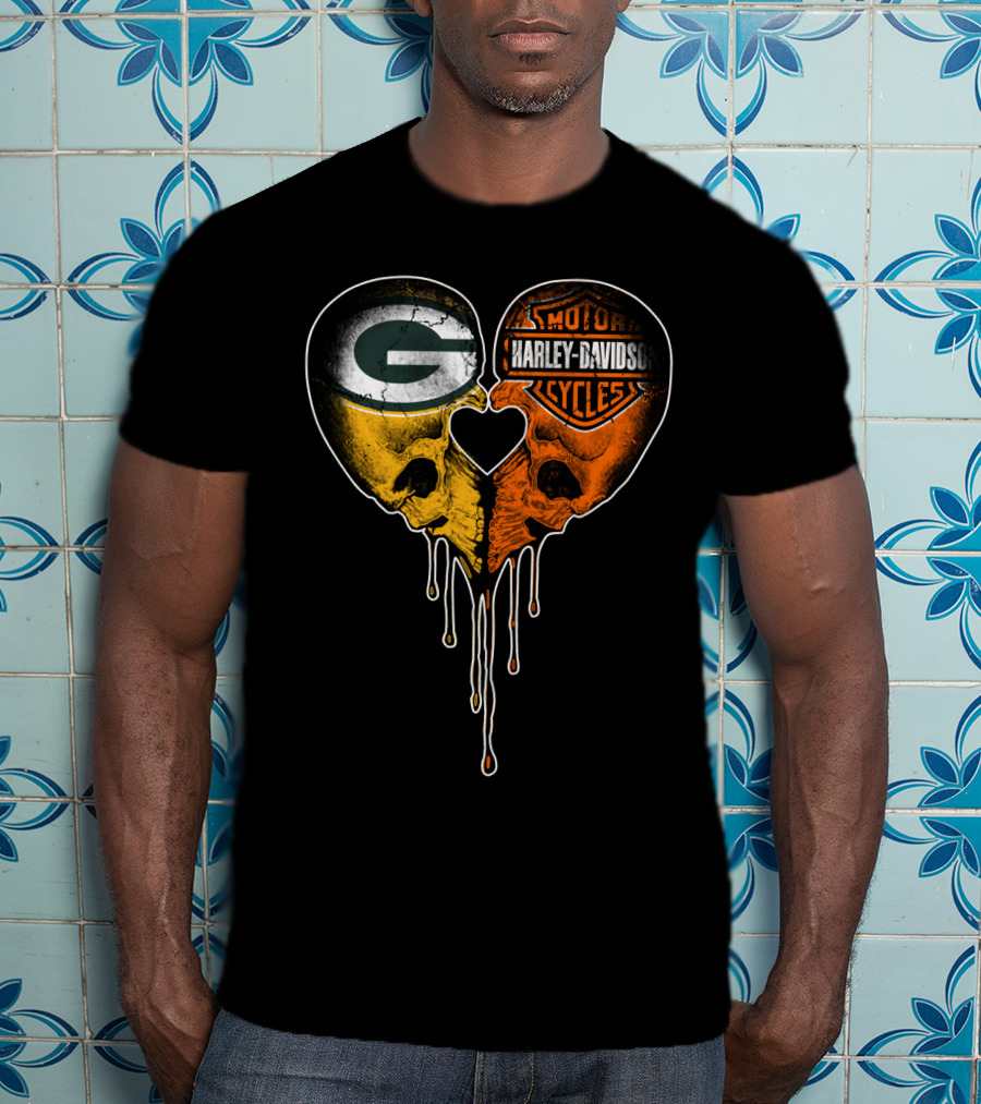 Green Bay Packers Harley Davidson Heart Skulls T-Shirt