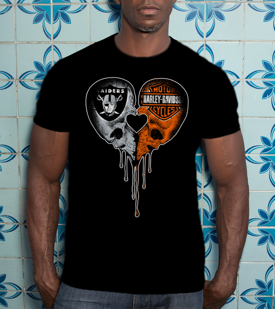 Raiders Harley Davidson Heart Skulls T-Shirt