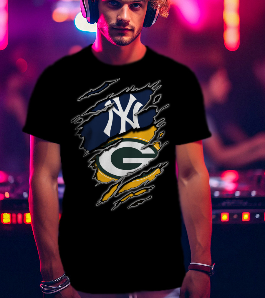 New York Yankees Green Bay Packers Fan Cross-Logo T-Shirt