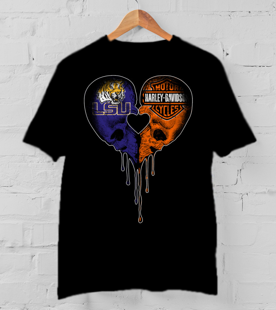Lsu Tigers And Harley Davidson Heart Skull Fusion T-Shirt
