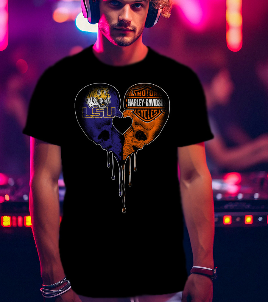Lsu Tigers And Harley Davidson Heart Skull Fusion T-Shirt