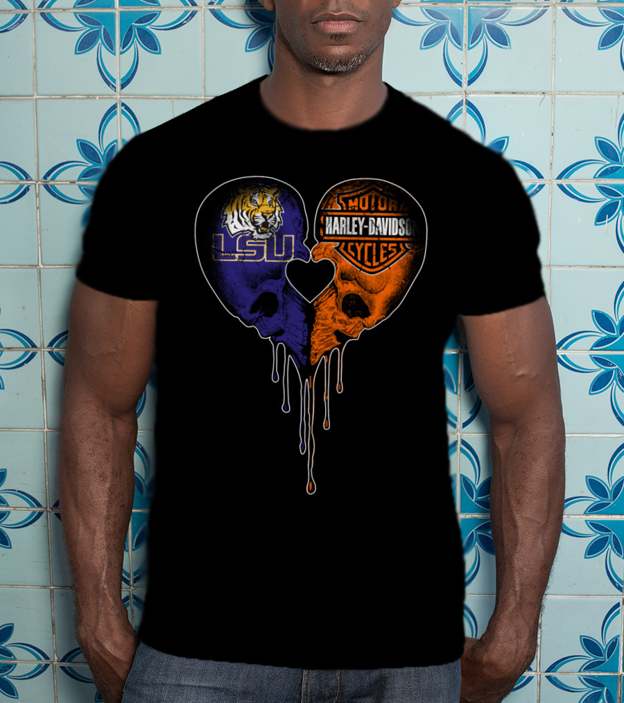 Lsu Tigers And Harley Davidson Heart Skull Fusion T-Shirt