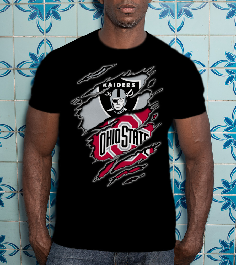 Raiders And Ohio State Fan Emblem Tear T-Shirt