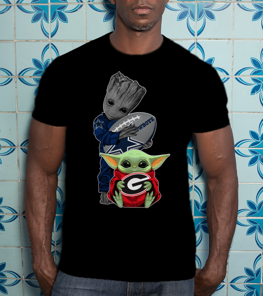 Cowboys Groot Football With Bulldogs Baby Yoda In Georgia Red T-Shirt