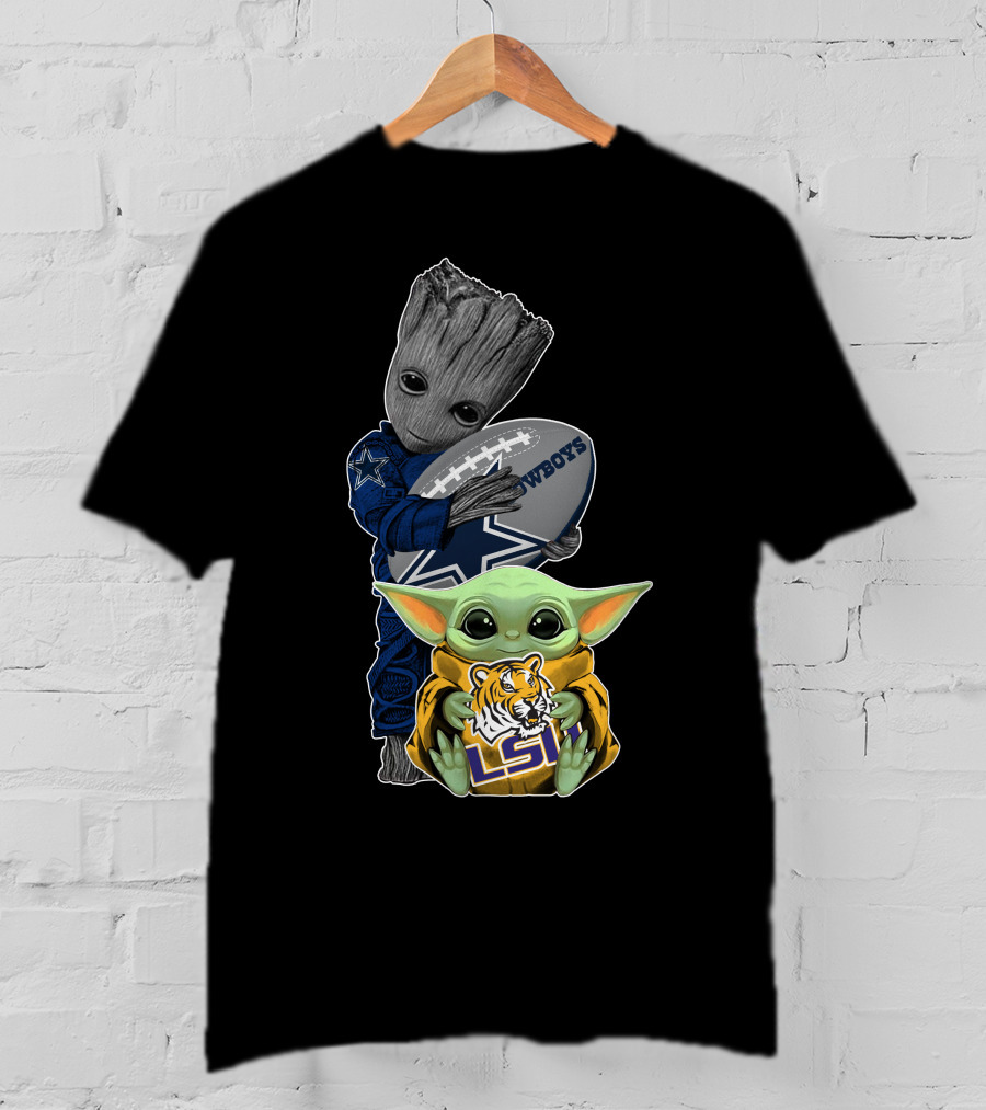 Groot Holding Cowboys Football Baby Yoda Lsu Tigers T-Shirt