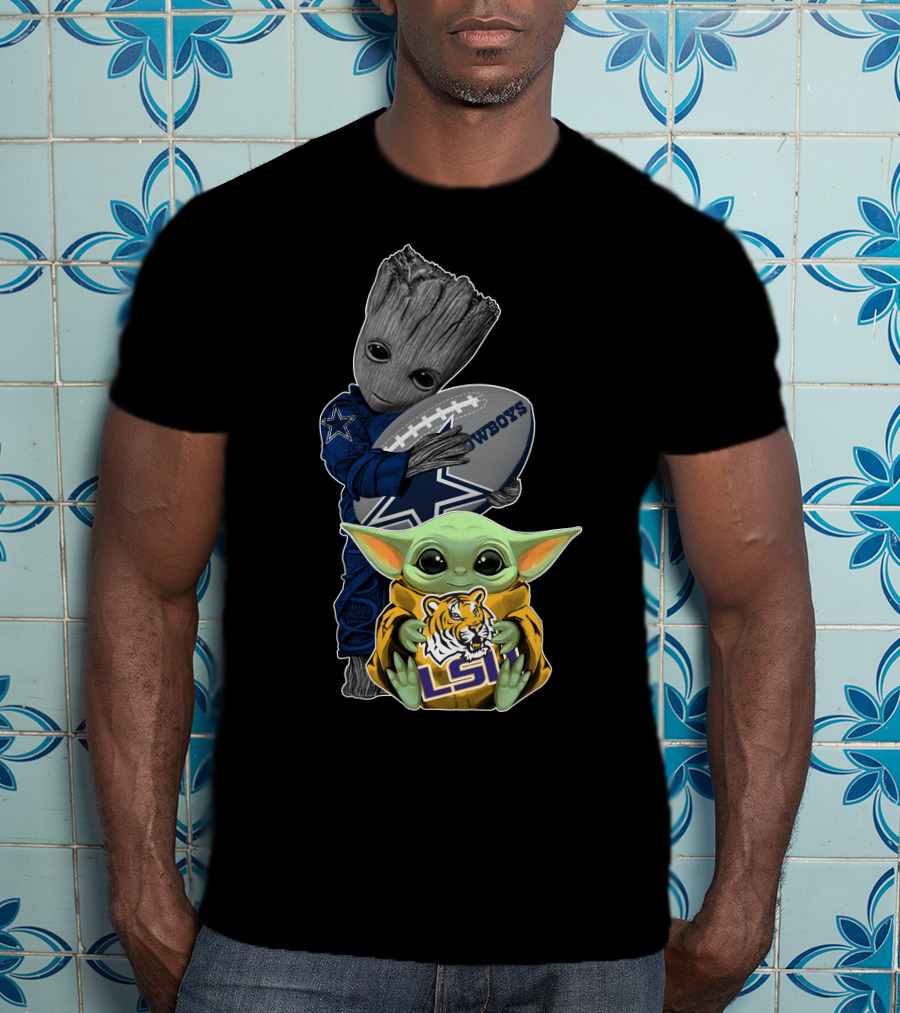 Groot Holding Cowboys Football Baby Yoda Lsu Tigers T-Shirt