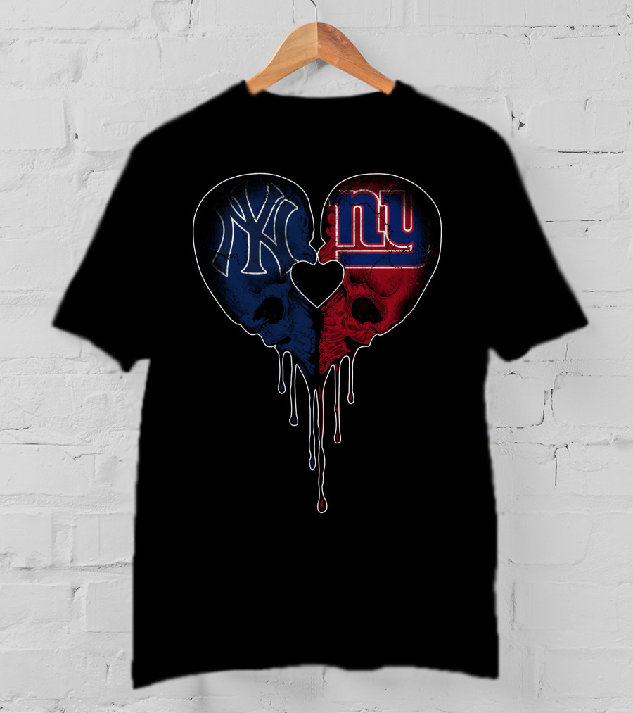 Yankees Giants Heart Skull Dripping Logos Blue Red Black T-Shirt