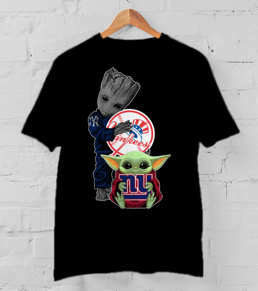 Yankees Giants Baby Alien And Tree Creature Hugging Logos T-Shirt