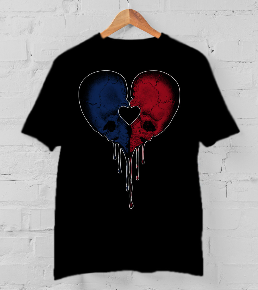 Split Red And Blue Skull Heart Dripping T-Shirt