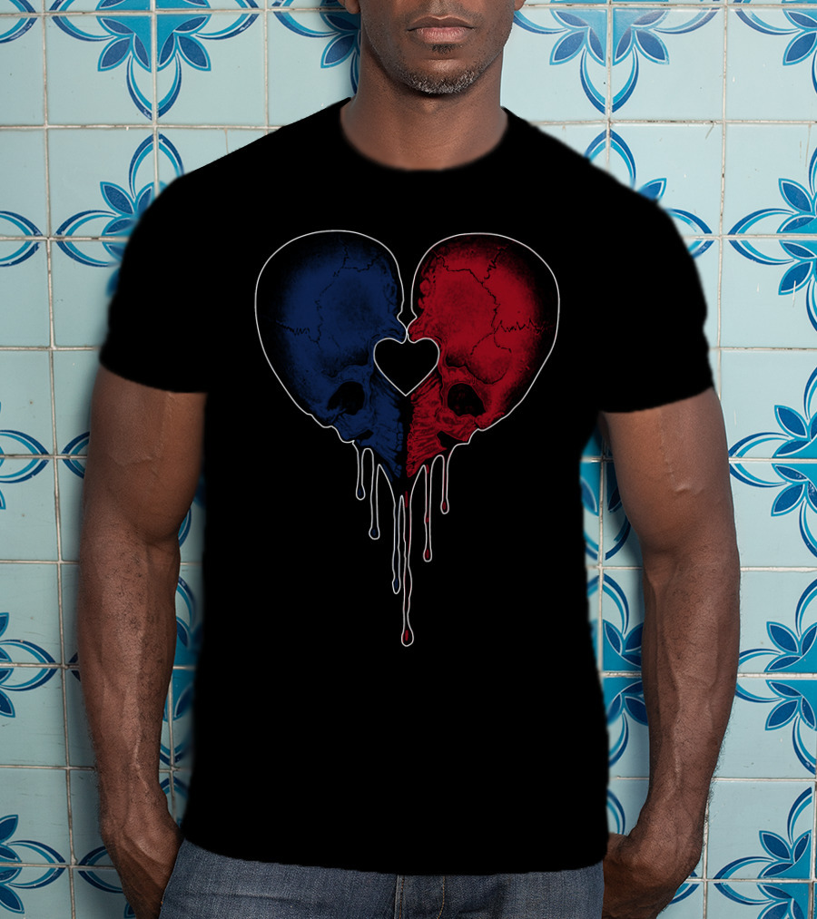 Split Red And Blue Skull Heart Dripping T-Shirt