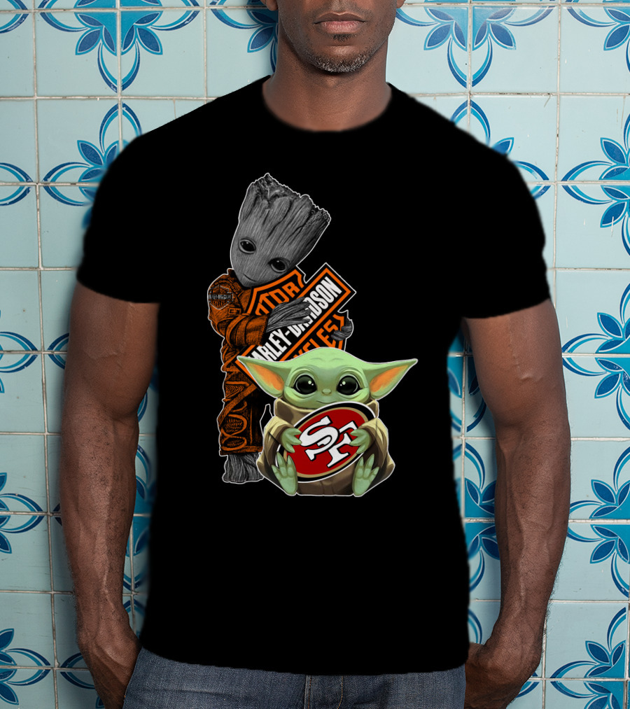 49ers S-F Logo Harley Davidson Orange Black Star Wars Groot Baby Yoda T-Shirt