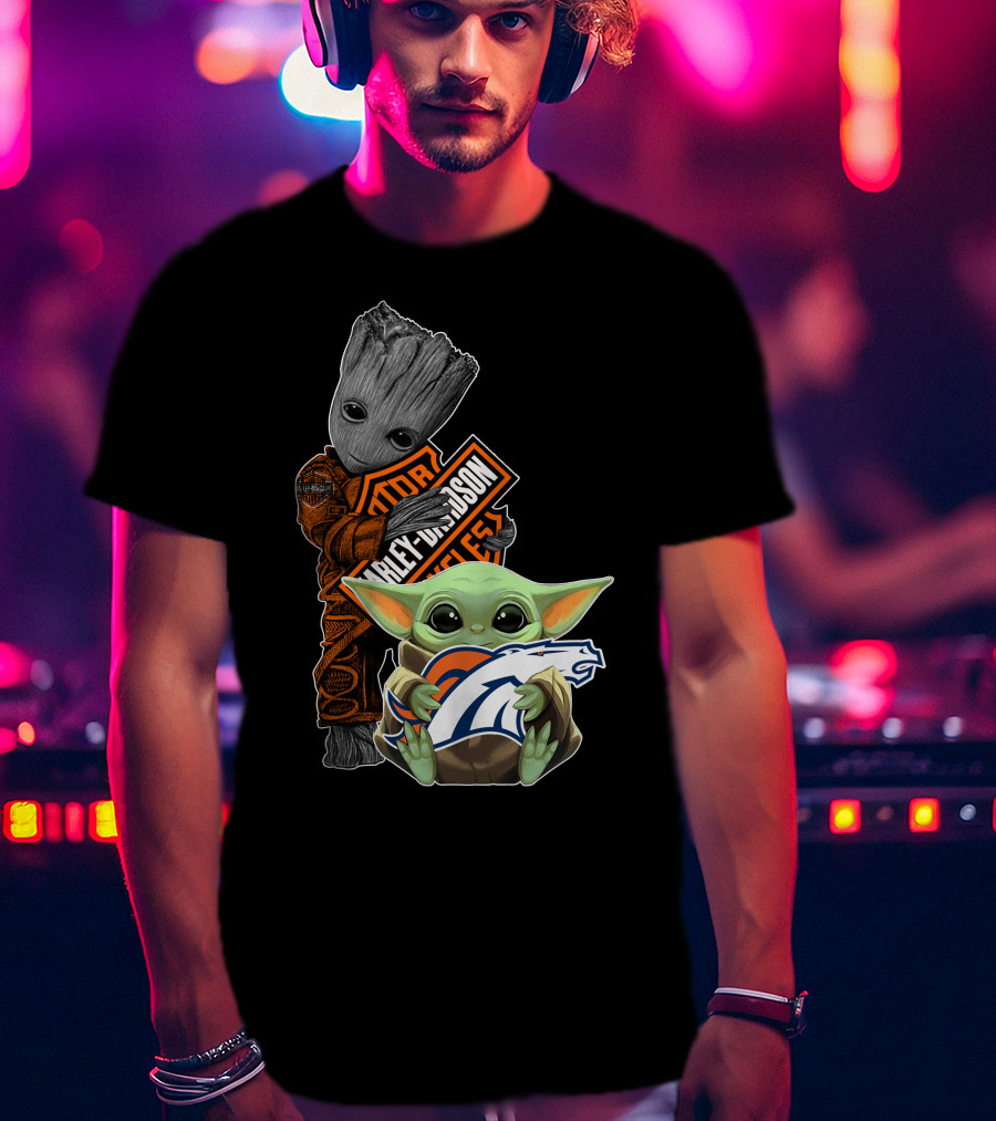 Baby Yoda Holding Broncos Logo Harley Davidson Guardians Of Galaxy Crossover T-Shirt