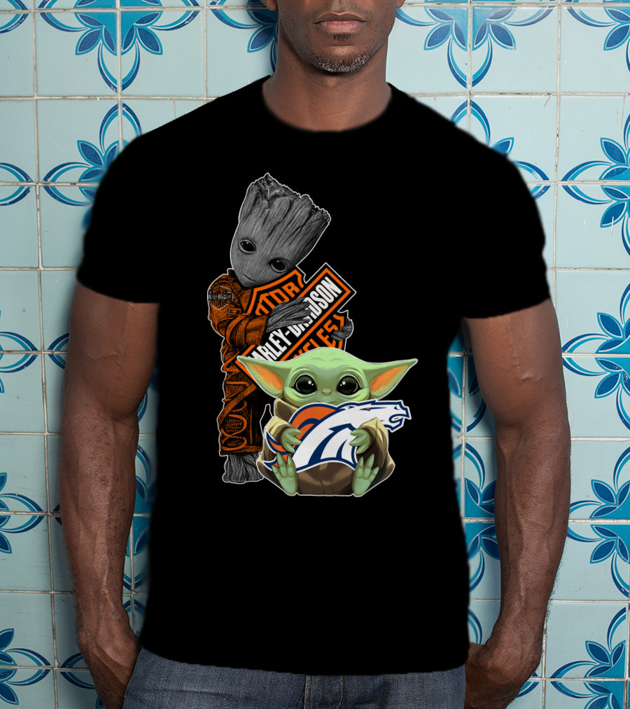 Baby Yoda Holding Broncos Logo Harley Davidson Guardians Of Galaxy Crossover T-Shirt