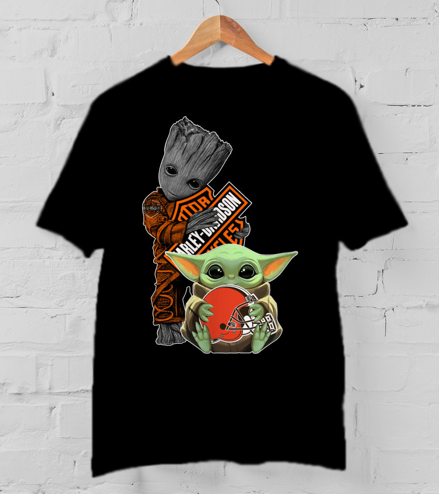 Groot Harley Davidson Baby Yoda Cleveland Browns T-Shirt