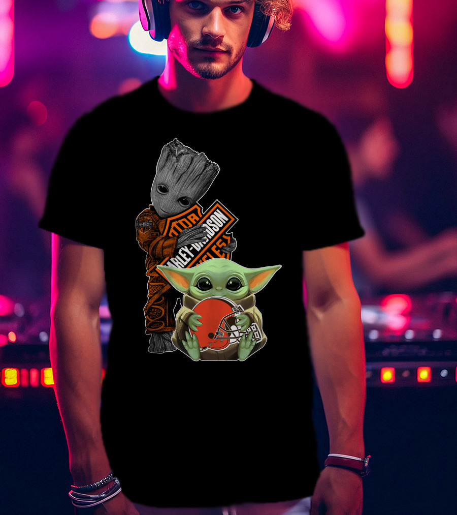 Groot Harley Davidson Baby Yoda Cleveland Browns T-Shirt