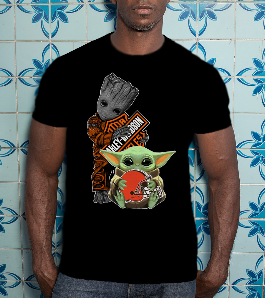 Groot Harley Davidson Baby Yoda Cleveland Browns T-Shirt