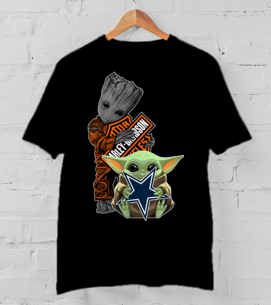 Groot Harley Davidson Star Holding Mandalorian Baby Yoda Cowboys T-Shirt