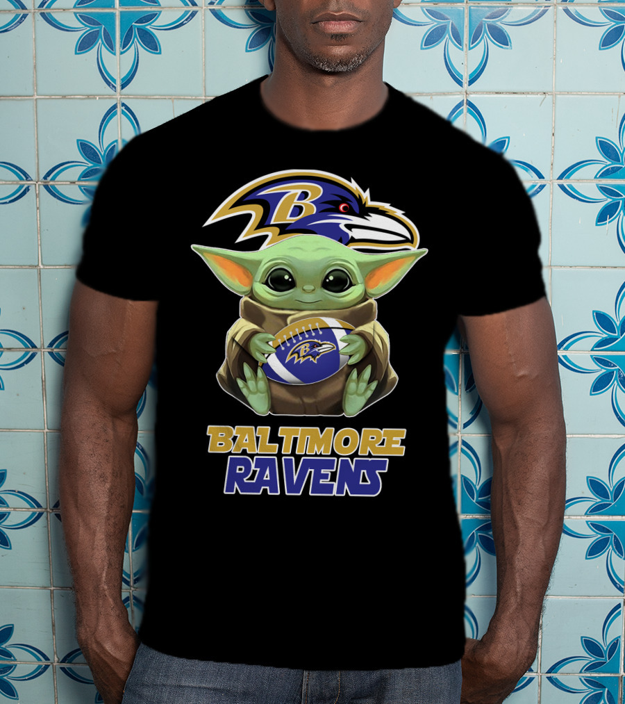 Baltimore Ravens Baby Yoda Holding Football T-Shirt