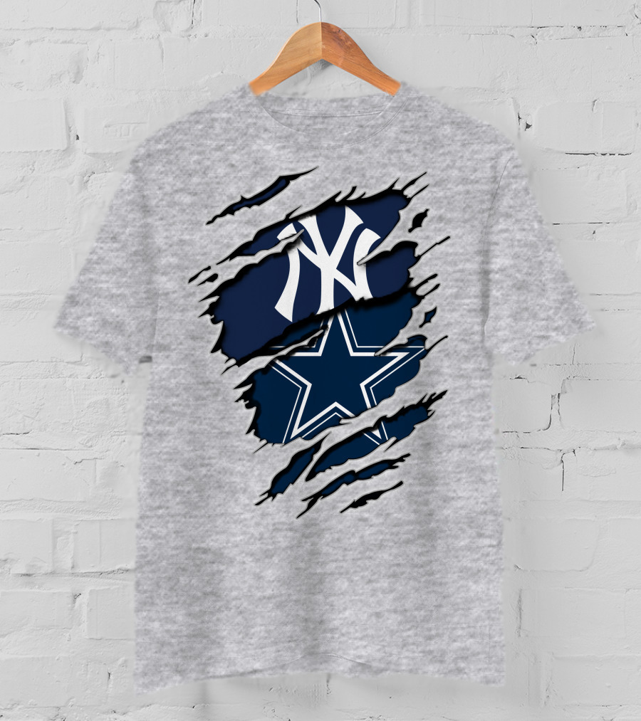 Cowboys Yankees Logo Mashup On Torn Background Gray T-Shirt